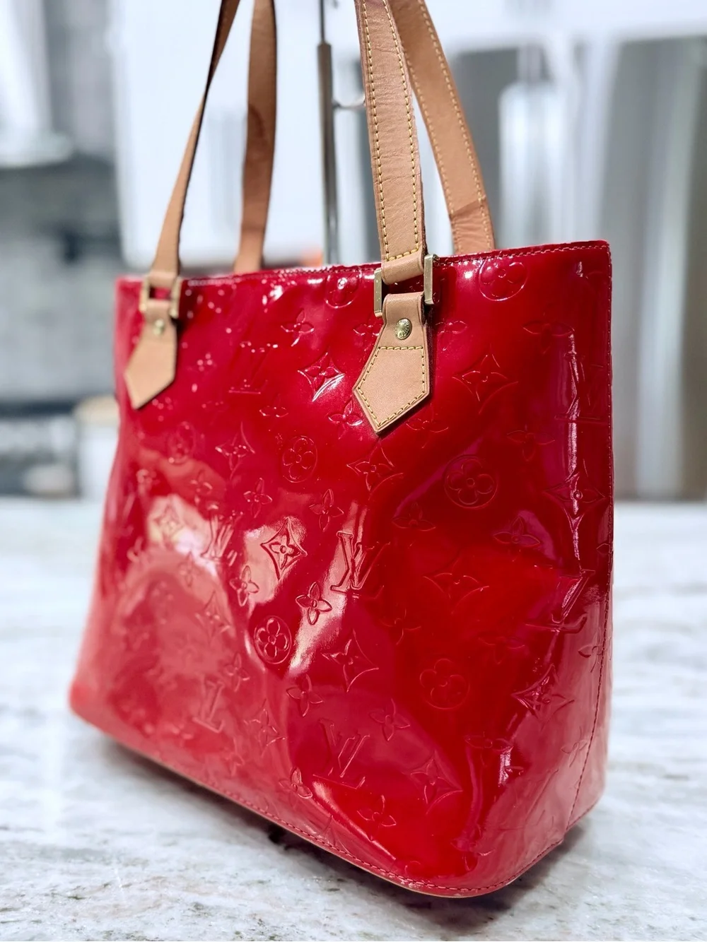 Louis Vuitton Authentic Red Patent Tote Bag with Leather Handless/Trim